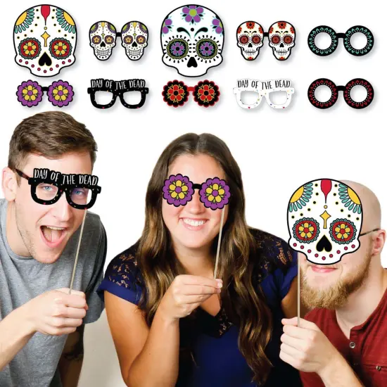 Big Dot of Happiness Day of the Dead Glasses and Masks - Paper Cardstock Sugar Skull Party Photo Booth Props Kit - 10 Count {3}