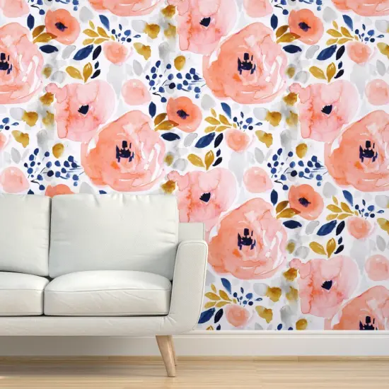 Pre-Pasted Wallpaper 2FT Wide Large Scale Floral Pink Coral Watercolor Bloom Peachy Girls Feminine Bright Custom Pre-pasted Wallpaper by Spoonflower {5}