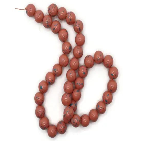 40 10mm Coral and Blue Splatter Paint Smooth Round Glass Beads {5}