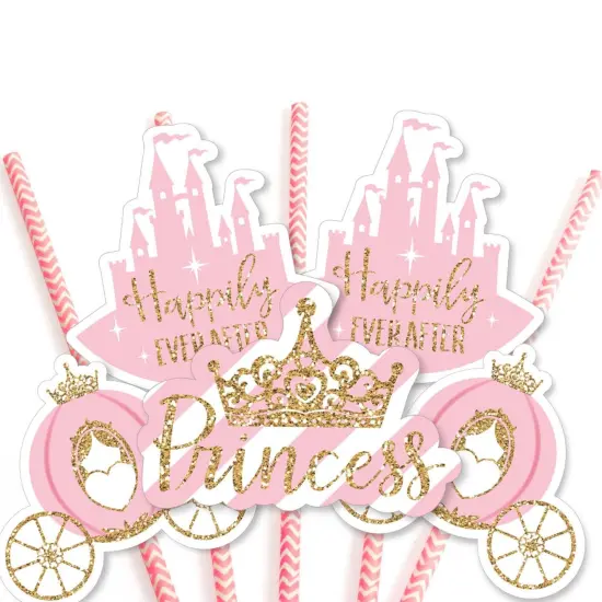 Big Dot of Happiness Little Princess Crown - Paper Straw Decor - Pink & Gold Baby Shower or Birthday Party Striped Decorative Straws - Set of 24 {7}