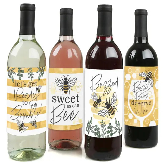Big Dot of Happiness Little Bumblebee - Bee Baby Shower or Birthday Party Decorations for Women and Men - Wine Bottle Label Stickers - Set of 4 {1}
