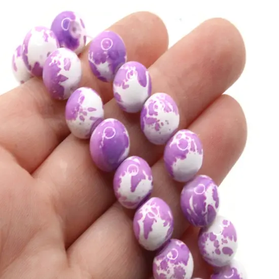 40 10mm White with Purple Round Glass Splatter Paint Beads {2}