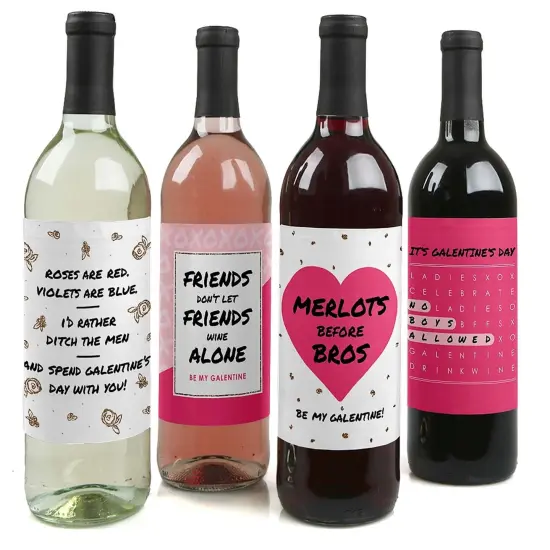 Big Dot of Happiness Be My Galentine - Valentine's Day Gift for Women and Men - Wine Bottle Label Stickers - Set of 4 {1}