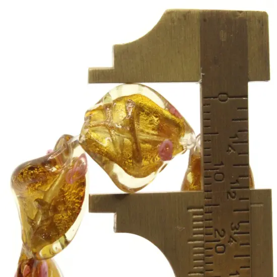 10 20mm Golden Yellow with Pink and Green Flower Lampwork Glass Flat Oval Twist Beads {6}