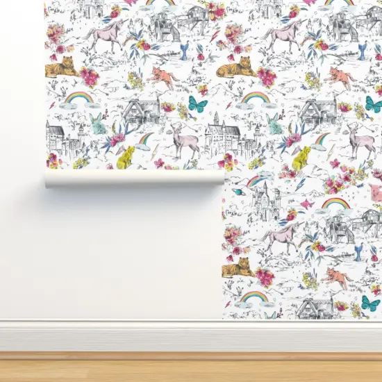 Peel & Stick Wallpaper 2FT Wide Unicorn Fairy Tale Rainbow Toile Castle Mermaid Rabbit Butterfly Bear Custom Removable Wallpaper by Spoonflower {2}