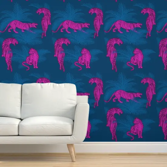 Peel & Stick Wallpaper 2FT Wide Maximalist Tigers Neon Pink Opulent Jungle Large Scale Hollywood Regency Custom Removable Wallpaper by Spoonflower {5}