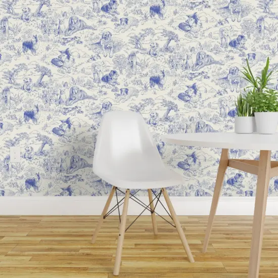 Peel & Stick Wallpaper 2FT Wide Blue Toile Country Style Hand Drawn Landscape Traditional Collie Toil Ecru Sheep Dog Australian Shepherd Shetland Custom Removable Wallpaper by Spoonflower {1}