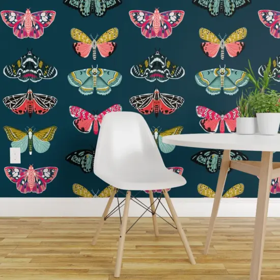 Peel & Stick Wallpaper 2FT Wide Butterflies Insect Nature Moth Botanical Bugs Girl Pink Custom Removable Wallpaper by Spoonflower {1}