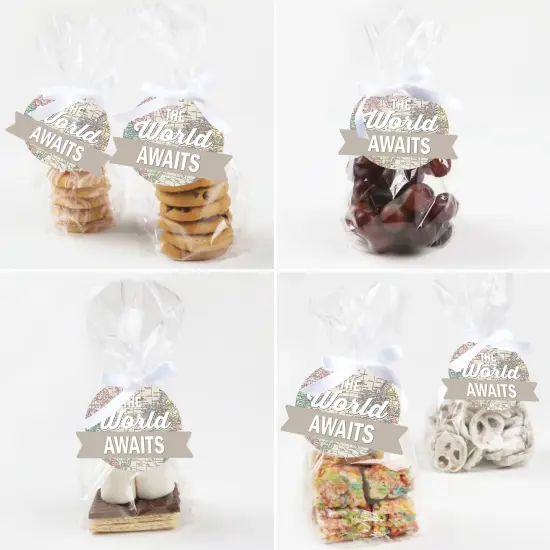 Big Dot of Happiness World Awaits - Travel Themed Party Clear Goodie Favor Bags - Treat Bags With Tags - Set of 12 {6}