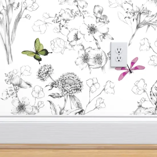 Pre-Pasted Wallpaper 2FT Wide Butterflies Butterfly Sketch Black And White Botanical Custom Pre-pasted Wallpaper by Spoonflower {4}