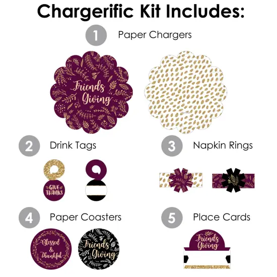 Big Dot of Happiness Elegant Thankful for Friends - Friendsgiving Thanksgiving Party Paper Charger and Table Decorations Chargerific Kitfor 8 {4}