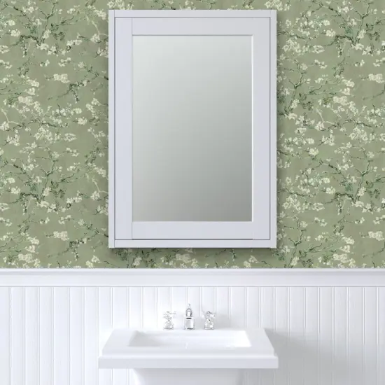 Peel & Stick Wallpaper 2FT Wide Impressionist Spring Bloom Sage Green Floral Botanical Nature Leaf Delicate Custom Removable Wallpaper by Spoonflower {6}