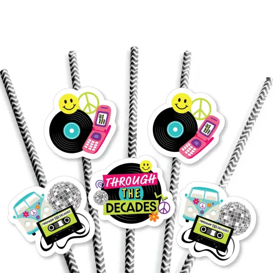 Big Dot of Happiness Through the Decades - Paper Straw Decor - 50s, 60s, 70s, 80s, and 90s Party Striped Decorative Straws - Set of 24 {7}