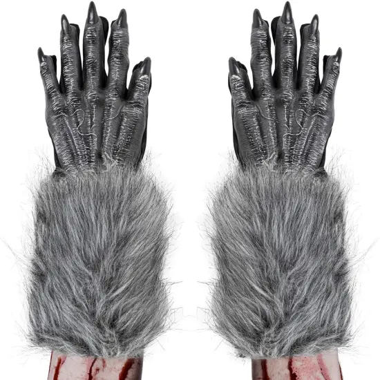 Werewolf Hand Costume Gloves - Grey Hairy Wolf Claw Hands Paws Monster Costume Accessories for Kids and Adults {1}