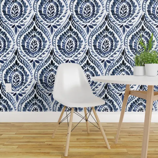Peel & Stick Wallpaper 2FT Wide Bohemian Leaf Mandala Dark Indigo Blue Boho Botanical Leaves Custom Removable Wallpaper by Spoonflower {1}