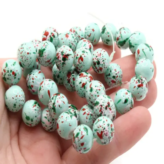 40 10mm Mint Green with Red & Pink Splatter Paint Smooth Round Glass Beads {2}