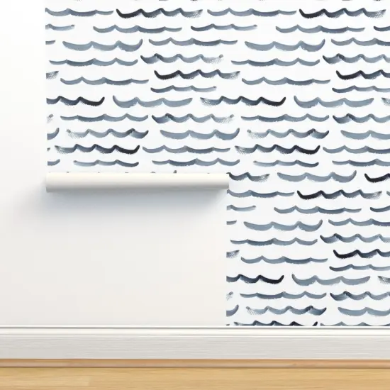 Peel & Stick Wallpaper 2FT Wide Watercolor Ocean Modern Nautical Blue And White Abstract Waves Maritime Beach Custom Removable Wallpaper by Spoonflower {2}