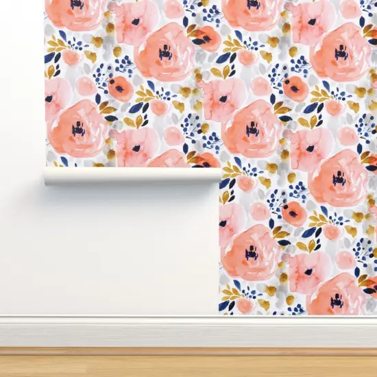 Peel & Stick Wallpaper 2FT Wide Peachy Pink Floral Roses Romantic Navy Mustard Gold Watercolor Blush Coral Custom Removable Wallpaper by Spoonflower {2}