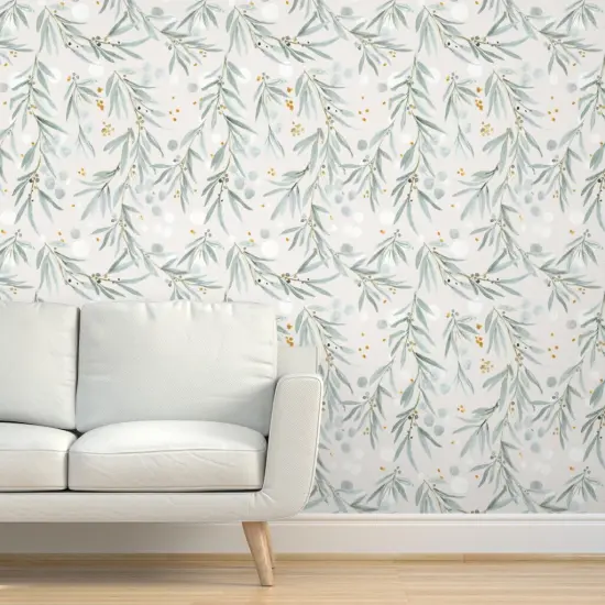 Peel & Stick Wallpaper 2FT Wide Leaves Gray Watercolor Botanical Blue Green Watercolour Eucalyptus Custom Removable Wallpaper by Spoonflower {5}