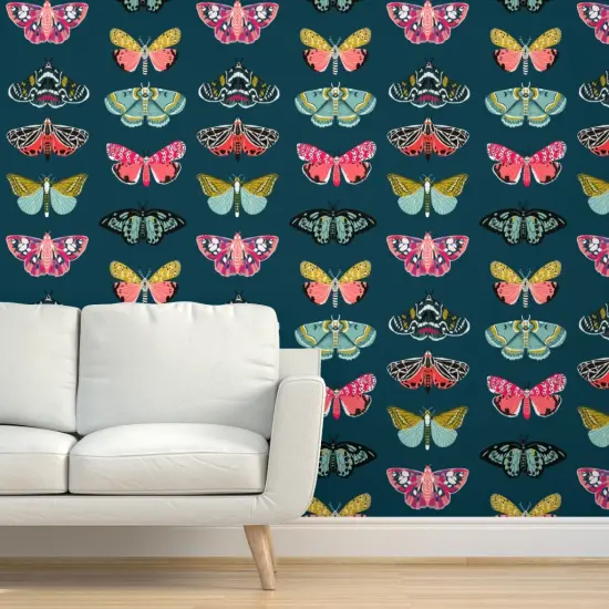 Peel & Stick Wallpaper 2FT Wide Butterflies Insect Nature Moth Botanical Bugs Girl Pink Custom Removable Wallpaper by Spoonflower {5}