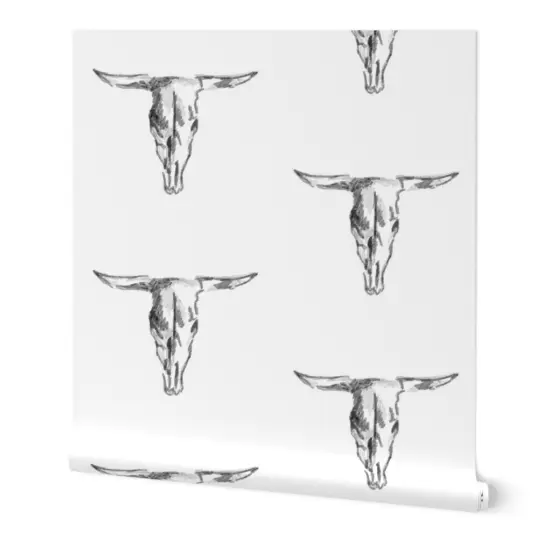 Peel & Stick Wallpaper 2FT Wide Cow Skull Bull Black And White Western Cowboy Rustic Custom Removable Wallpaper by Spoonflower {7}