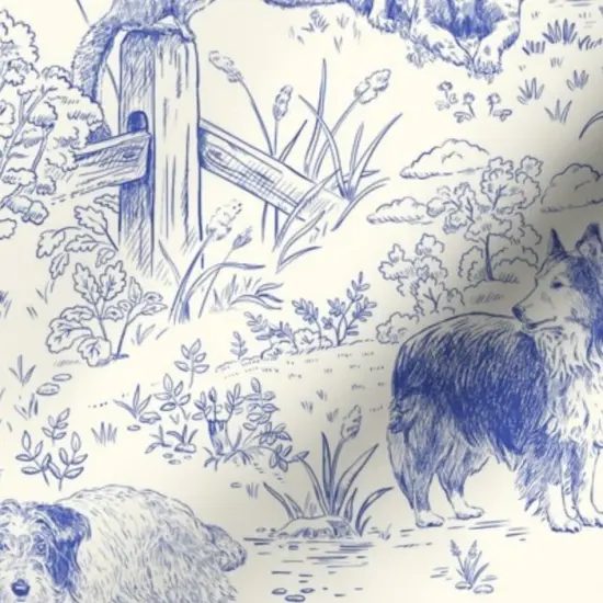 Various Fabrics by the Yard or Fat Quarter Blue Toile Country Style Hand Drawn Landscape Traditional Collie Toil Ecru Sheep Dog Australian Shepherd Shetland Custom Printed Fabric by Spoonflower {7}
