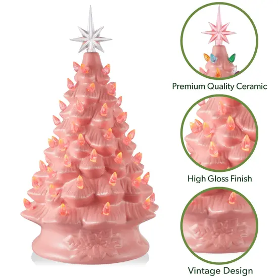 Casafield Hand Painted Ceramic Christmas Tree, Pink 15-Inch Pre-Lit Tree with 128 Multi Color Lights and 2 Star Toppers {3}