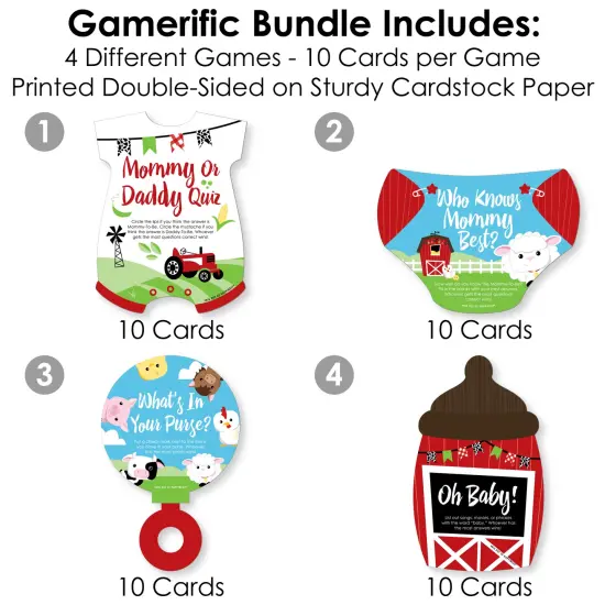 Big Dot of Happiness Farm Animals - 4 Barnyard Baby Shower Games - 10 Cards Each - Gamerific Bundle {4}