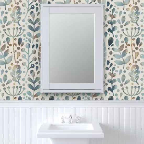 Pre-Pasted Wallpaper 2FT Wide Woodland Muted Blue Large Scale Modern Botanicals Custom Pre-pasted Wallpaper by Spoonflower {6}