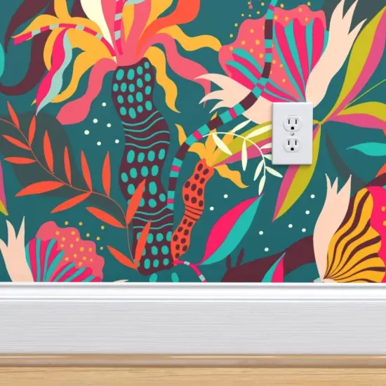 Pre-Pasted Wallpaper 2FT Wide Tropical Blooms Bright Flowers Bloom Wallpaper Tropical Midnight Exotic Rainforest Abundance Layered Adventure Surrealism Depth Palmtree Birds Custom Pre-pasted Wallpaper by Spoonflower {4}