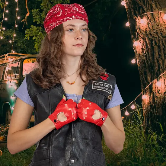 Fingerless Biker Jazz Gloves - 80s Style Gothic Red Faux Leather Punk Biker Gloves with Heart Cutout for Women and Kids {4}