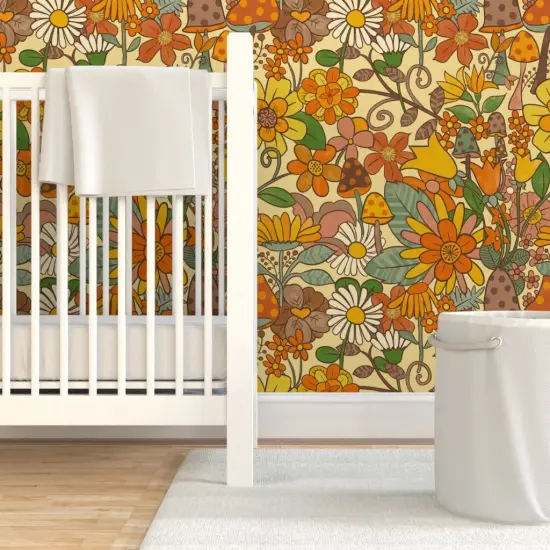 Pre-Pasted Wallpaper 2FT Wide Vintage Hippy Floral Earth Tones mushrooms s Retro 70S 60S Toadstools Vintage Nostalgic Flower Power Custom Pre-pasted Wallpaper by Spoonflower {7}