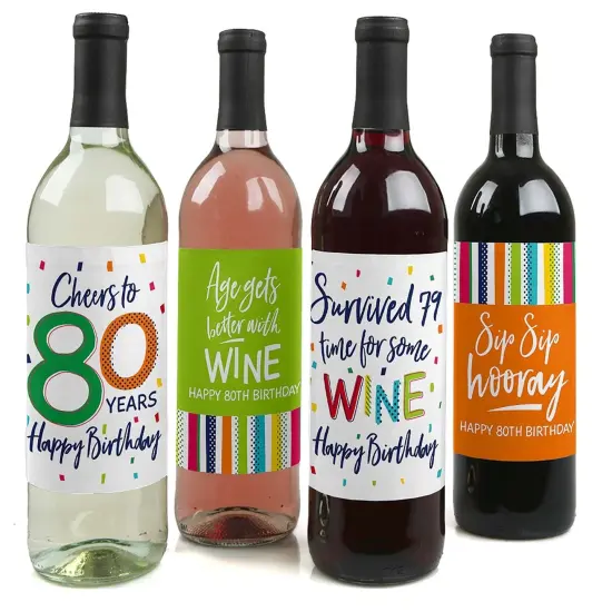 Big Dot of Happiness 80th Birthday - Cheerful Happy Birthday - Colorful Eightieth Birthday Party Decor - Wine Bottle Label Stickers - Set of 4 {1}