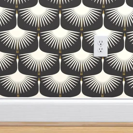 Peel & Stick Wallpaper 2FT Wide Art Deco Swan Water Bird Fly Migrate Black And White Traditional Midcentury Modern Custom Removable Wallpaper by Spoonflower {4}