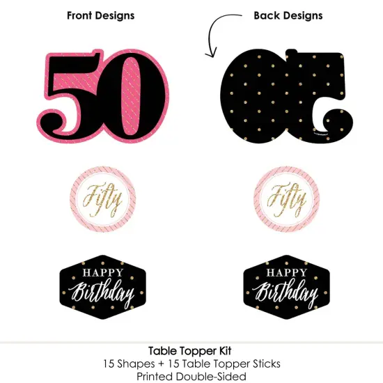 Big Dot of Happiness Chic 50th Birthday - Pink, Black and Gold - Birthday Party Centerpiece Sticks - Table Toppers - Set of 15 {6}