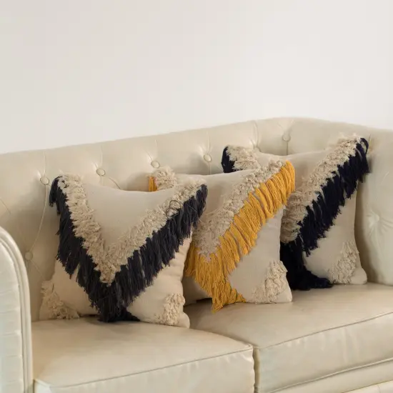 16" Handwoven Cotton Throw Pillow Cover with Embossed and Fringed Crossed line Yellow {9}