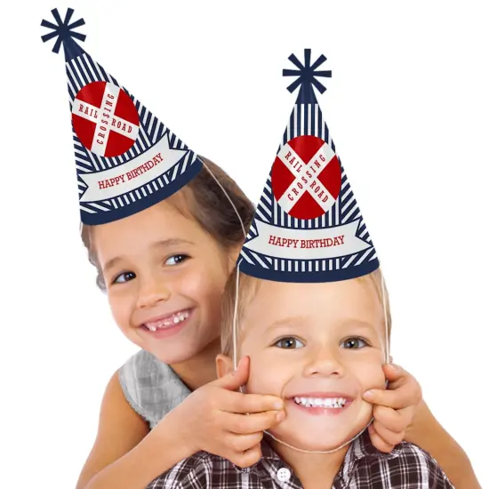 Big Dot of Happiness Railroad Party Crossing - Steam Train Cone Happy Birthday Party Hats for Kids and Adults - Set of 8 (Standard Size) {3}