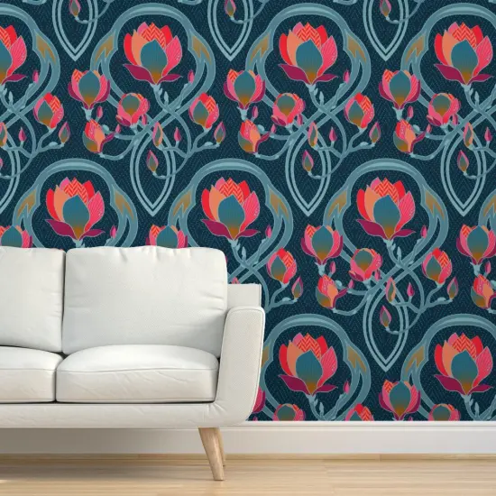 Pre-Pasted Wallpaper 2FT Wide Art Nouveau Floral Magnolia Vintage Inspired Deco Pink Blue Coral Large Scale Flowers Custom Pre-pasted Wallpaper by Spoonflower {5}