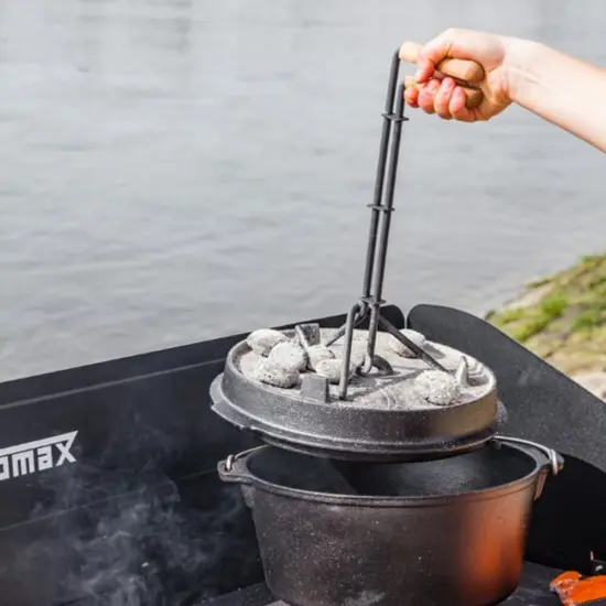 Petromax Professional Lid Lifter for Dutch Ovens, Outdoor Camping Utensil for Handling Hot Campfire Cookware Lids, 14" Long, Steel and Wood, Clamping {5}