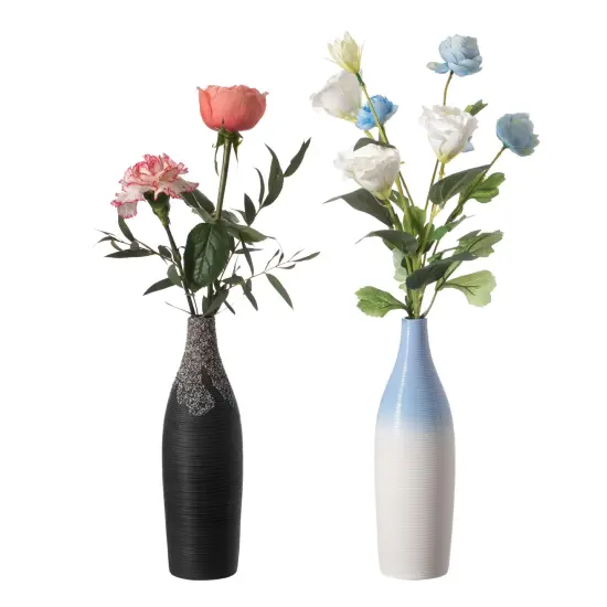 Modern Decorative Ceramic Table Vase Ripped Design Bottle Shape Flower Holder Set of 2 Colors {5}