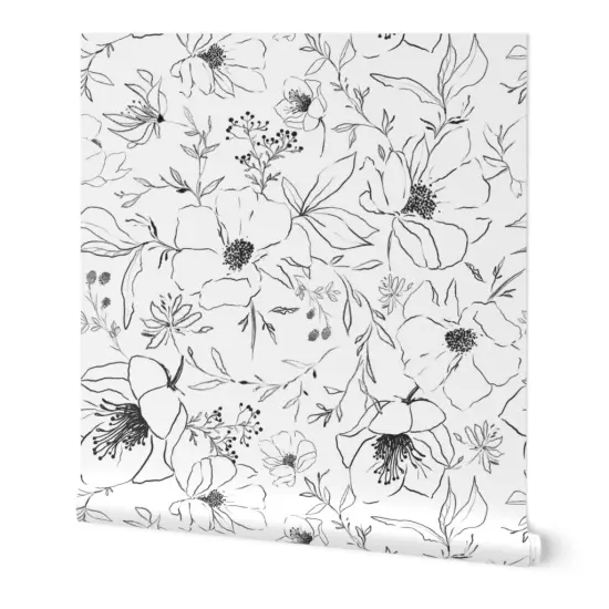 Peel & Stick Wallpaper 2FT Wide Black And White Flower Drawing Blossoms Leaves Floral Nature Botanical Monochrome Custom Removable Wallpaper by Spoonflower {7}