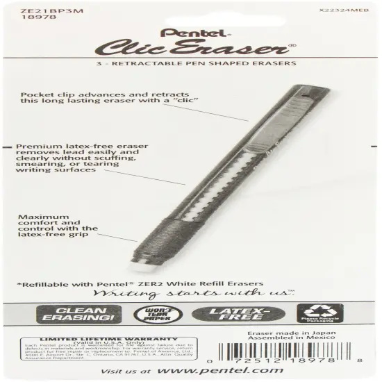 Pentel Clic Retractable Erasers 3/Pkg-Black, Red & Blue Barrels {2}