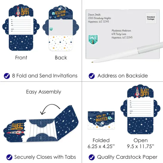 Big Dot of Happiness Blast Off to Outer Space - Fill-In Cards - Rocket Ship Baby Shower or Birthday Party Fold and Send Invitations - Set of 8 {4}