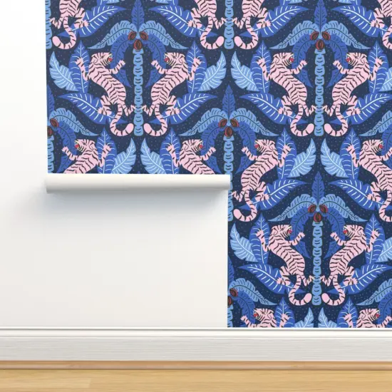 Pre-Pasted Wallpaper 2FT Wide Maximalist Damask Tiger Jungle Blue Cobalt Tropical Palms Blush Pink Bright Animalier Big Cat Custom Pre-pasted Wallpaper by Spoonflower {2}