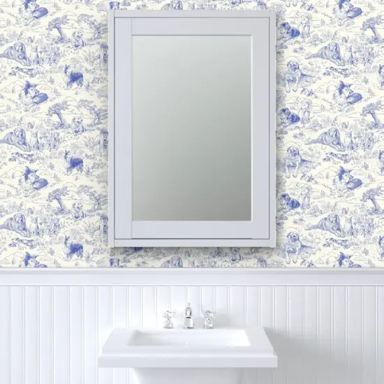 Pre-Pasted Wallpaper 2FT Wide Blue Toile Country Style Hand Drawn Landscape Traditional Collie Toil Ecru Sheep Dog Australian Shepherd Shetland Custom Pre-pasted Wallpaper by Spoonflower {6}