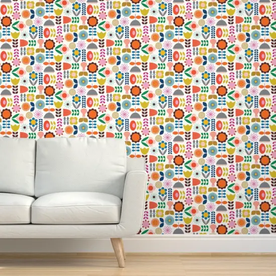 Pre-Pasted Wallpaper 2FT Wide Scandinavian Scandi Style Folk Art Inspired Colorful Mod Floral Flower Daisy Tulip Garden Custom Pre-pasted Wallpaper by Spoonflower {5}