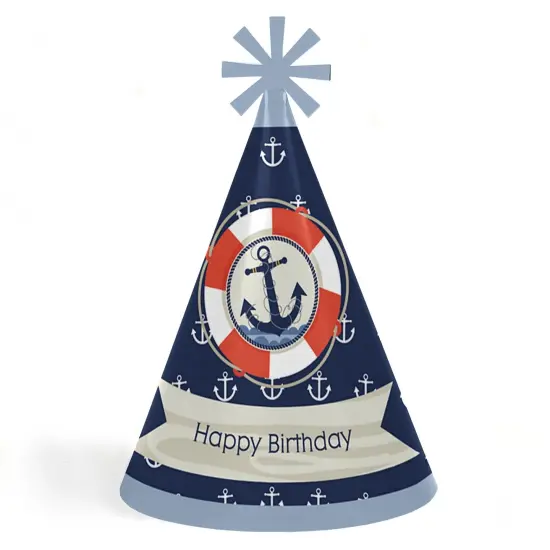 Big Dot of Happiness Ahoy - Nautical - Cone Happy Birthday Party Hats for Kids and Adults - Set of 8 (Standard Size) {1}