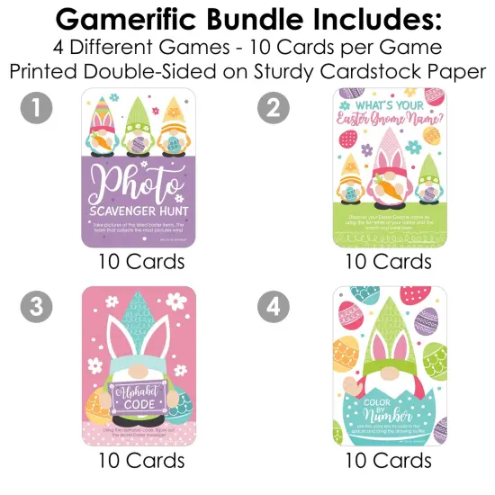 Big Dot of Happiness Easter Gnomes - 4 Spring Bunny Party Games - 10 Cards Each - Gamerific Bundle {4}
