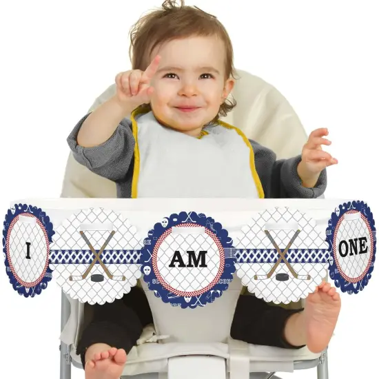 Big Dot of Happiness Shoots and Scores - Hockey 1st Birthday Highchair Decor - I Am One - First Birthday High Chair Banner {1}
