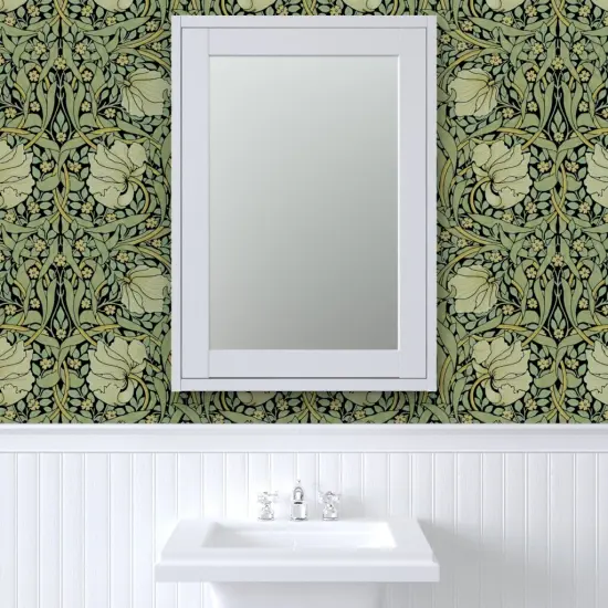 Peel & Stick Wallpaper 2FT Wide Victorian Floral Vintage Style Morris Inspired Damask Pimpernel Flowers Sage Black Custom Removable Wallpaper by Spoonflower {6}